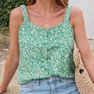 Lush Floral Tank Top Green White Ditsy Print Sleeveless Button Front NWT Size XL
